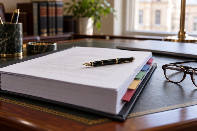A thick bound contract with coloured tab dividers and a fountain pen on a solicitor's desk