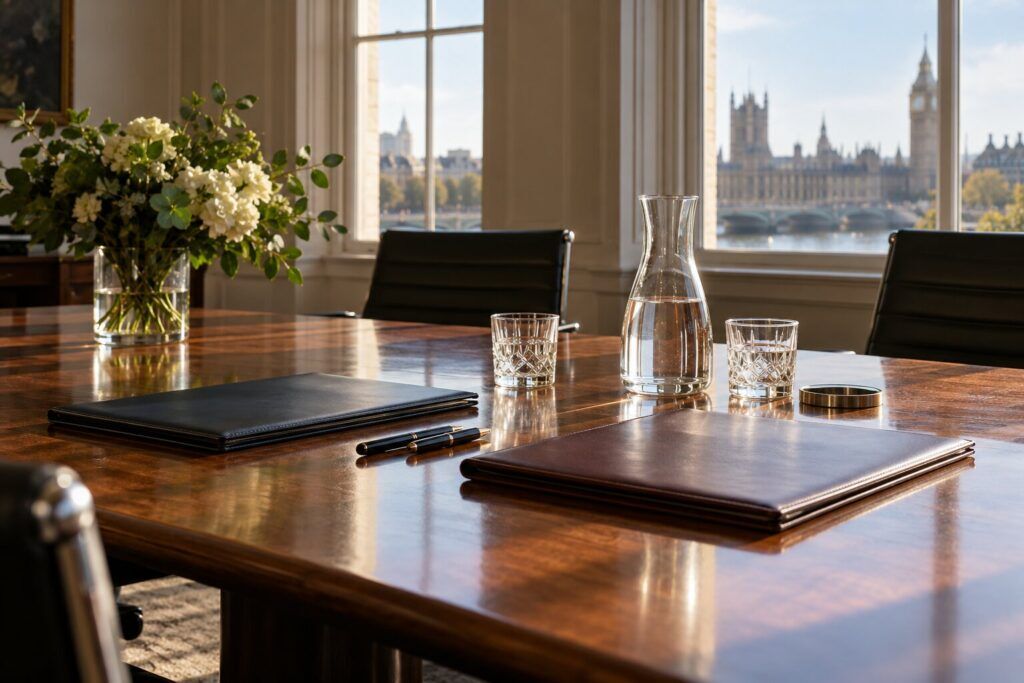 Two closed document folders and two pens on a meeting room table after a signing