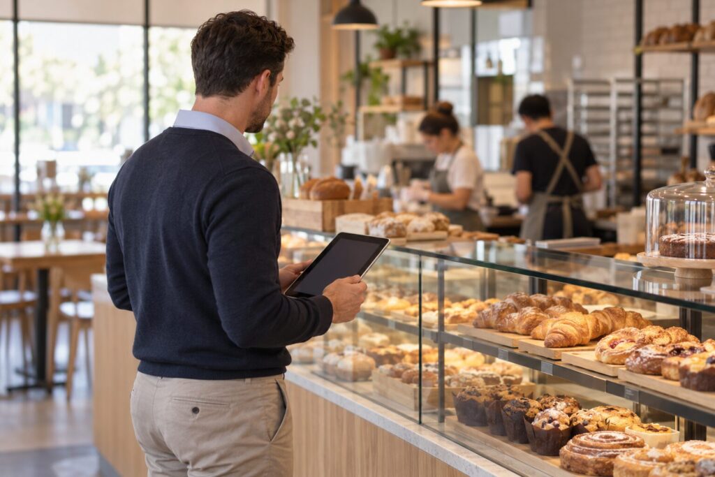 An area manager with a tablet checking the display counter during a visit to a bakery cafe