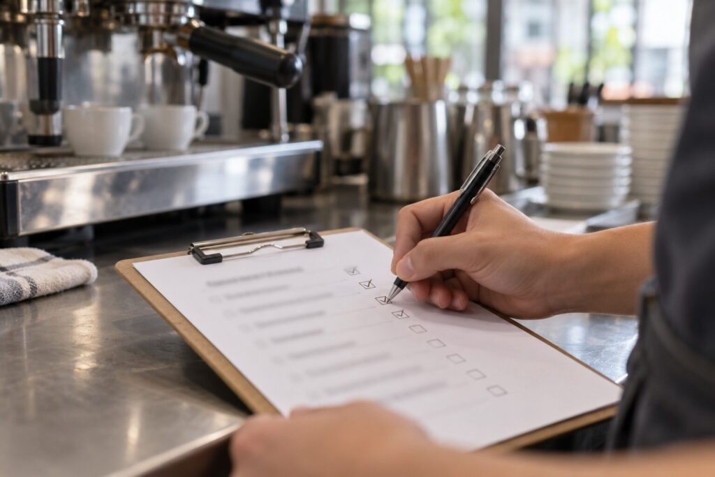 A hand ticking a paper checklist on a clipboard beside a cafe espresso machine