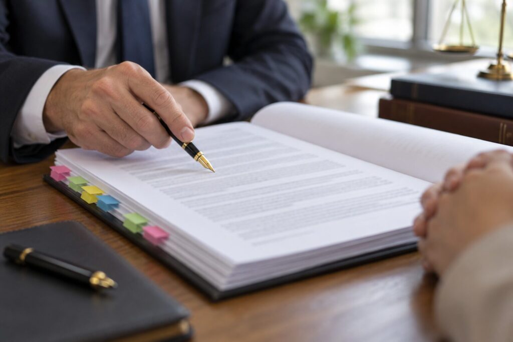 A solicitor's hand pointing with a pen to a clause in a tabbed franchise agreement