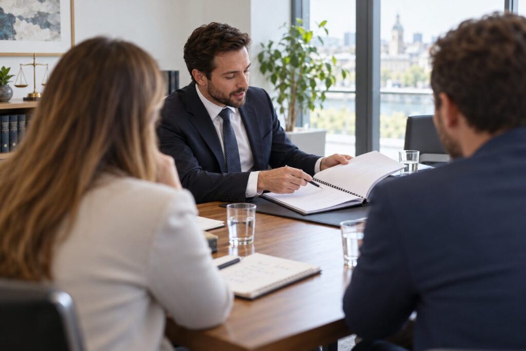 A solicitor talking two prospective franchisees through a bound agreement in a meeting room