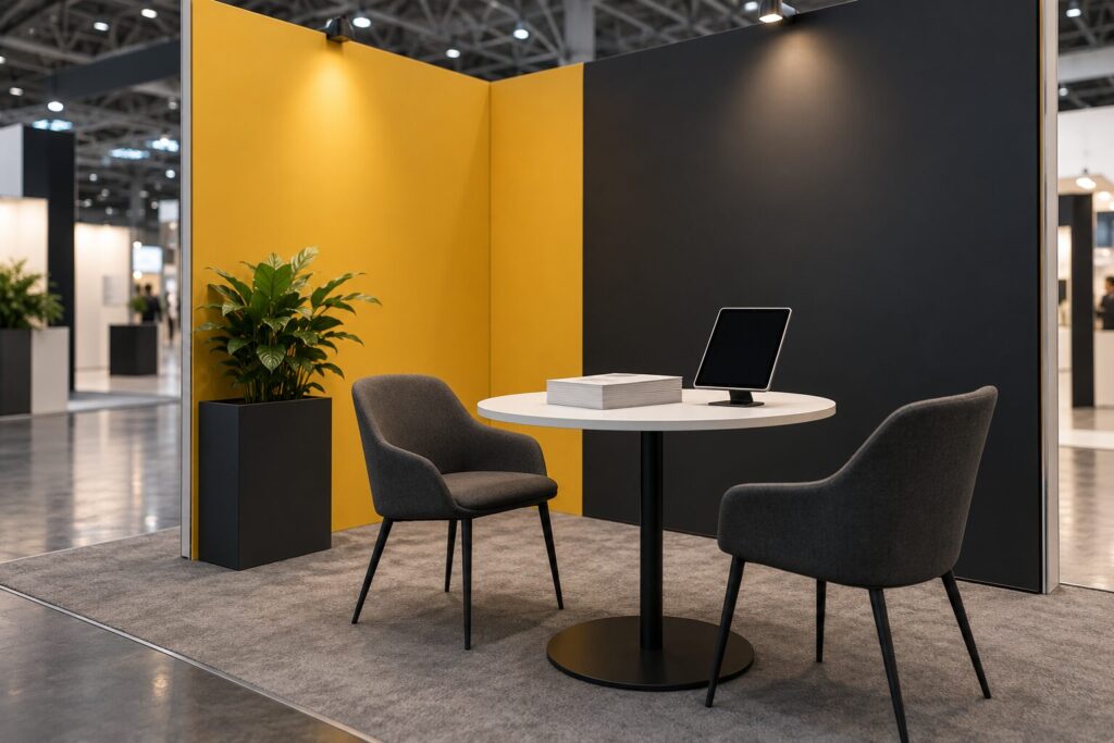 A small exhibition stand with a round table, two chairs and blank brochures in mustard and charcoal