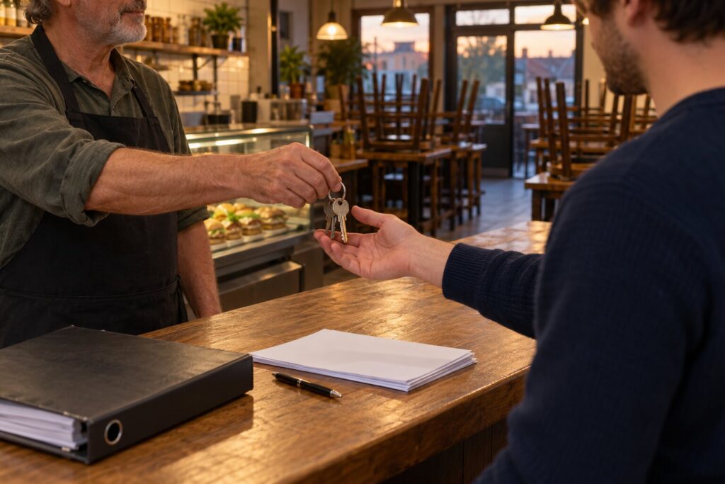 A shop owner handing the keys across the counter to the new owner of a sandwich shop after closing, with the signed sale papers beside them