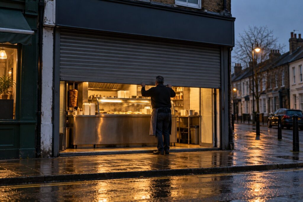 A shop owner pulling down the shutter of a takeaway unit at dusk