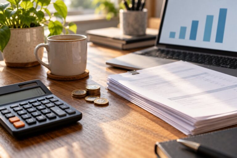 A calculator, a stack of invoices, pound coins and a laptop showing a bar chart on a small business desk