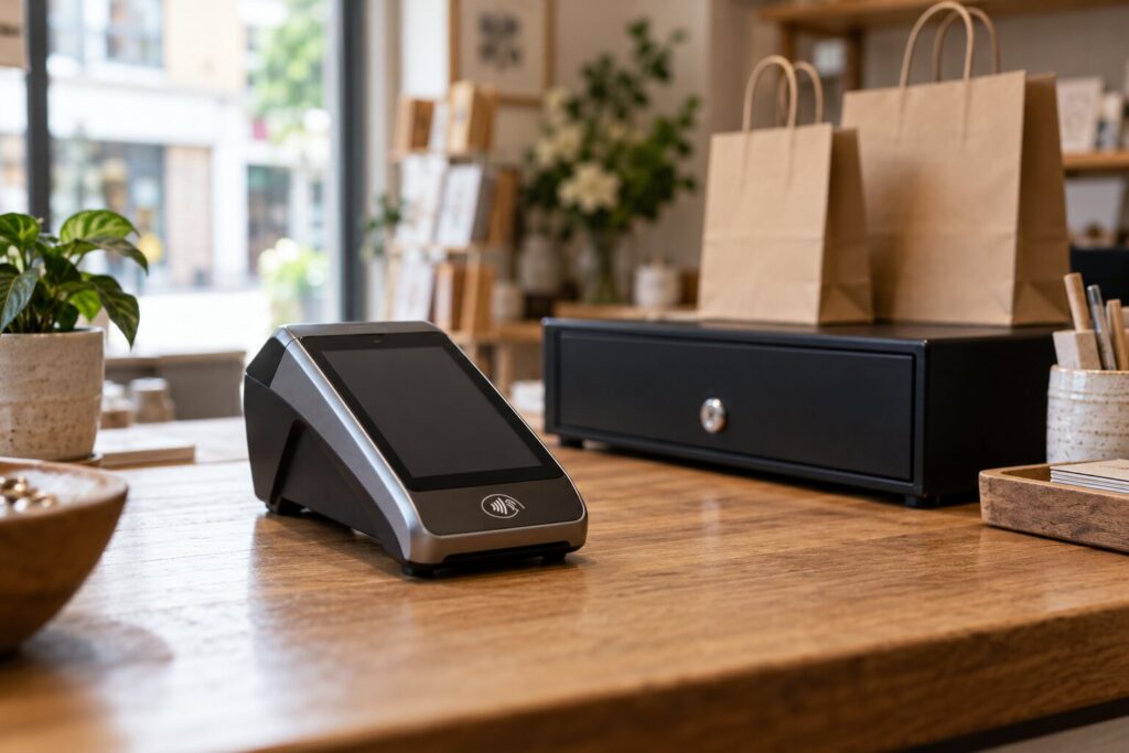 A contactless card payment terminal on the counter of a small high street shop