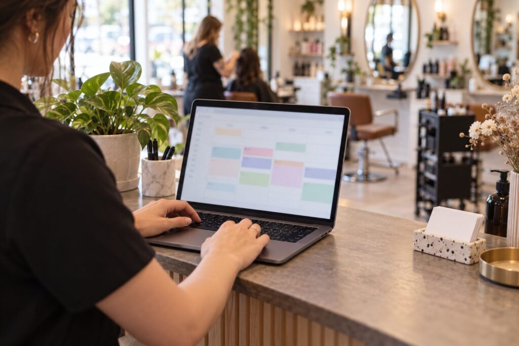 A receptionist using a booking calendar on a laptop at the front desk of a hair salon