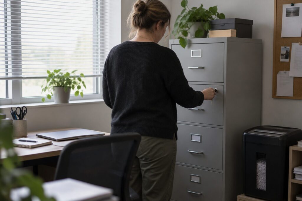 A person locking a filing cabinet in a small back office beside a paper shredder