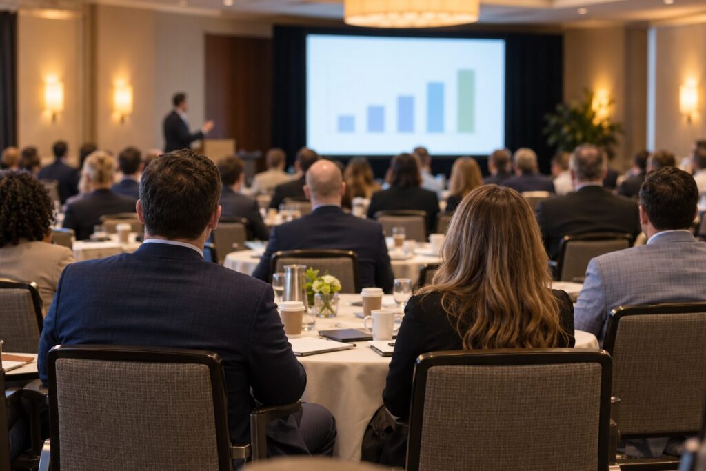 Franchisees seated at round tables listening to a presentation of results at a network meeting