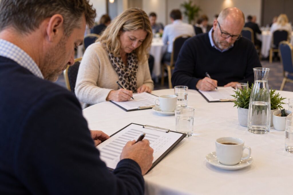 Franchise owners at a network meeting filling in a paper satisfaction questionnaire on clipboards