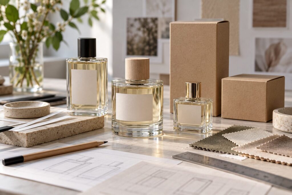 Unbranded prototype perfume bottles, plain product boxes and fabric swatches on a designer's work table