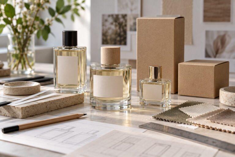 Unbranded prototype perfume bottles, plain product boxes and fabric swatches on a designer's work table