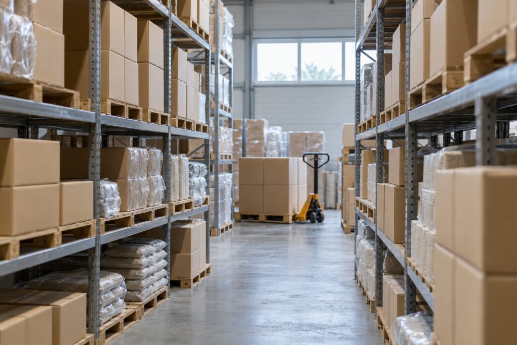 Warehouse shelving stocked with plain unbranded product boxes ready for dispatch
