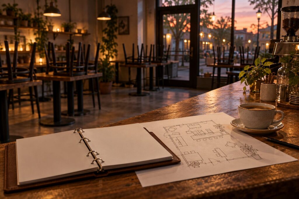 A closed cafe counter at dusk with a ring binder, a floor plan sketch and a cup of coffee, chairs up on the tables behind