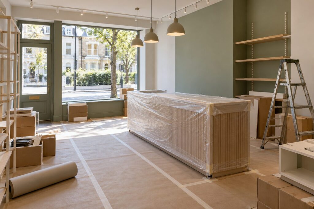 An empty shop unit being fitted out, with a counter wrapped in protective film, boxes of fixtures and a stepladder
