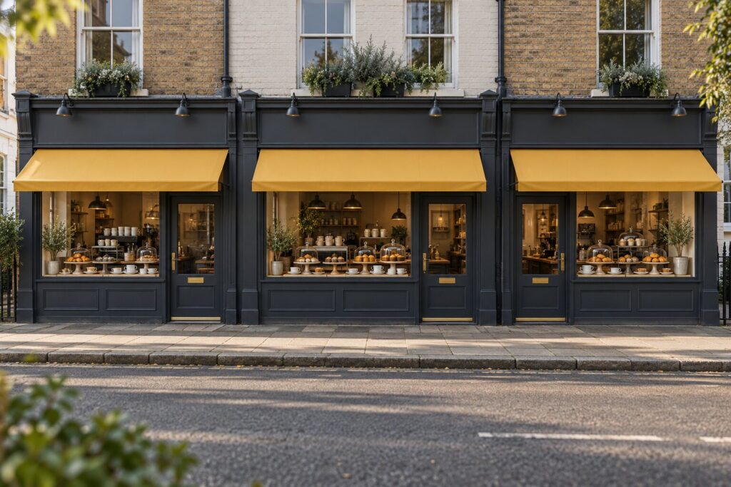 Three identical small shop fronts side by side on a British high street, each with the same charcoal paint and mustard awning