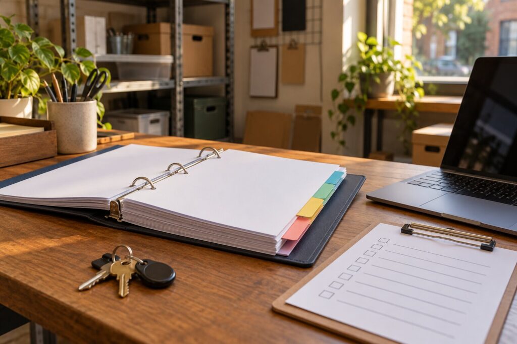 An operations manual with tabbed dividers open on a back-office desk beside a laptop, a training checklist and shop keys
